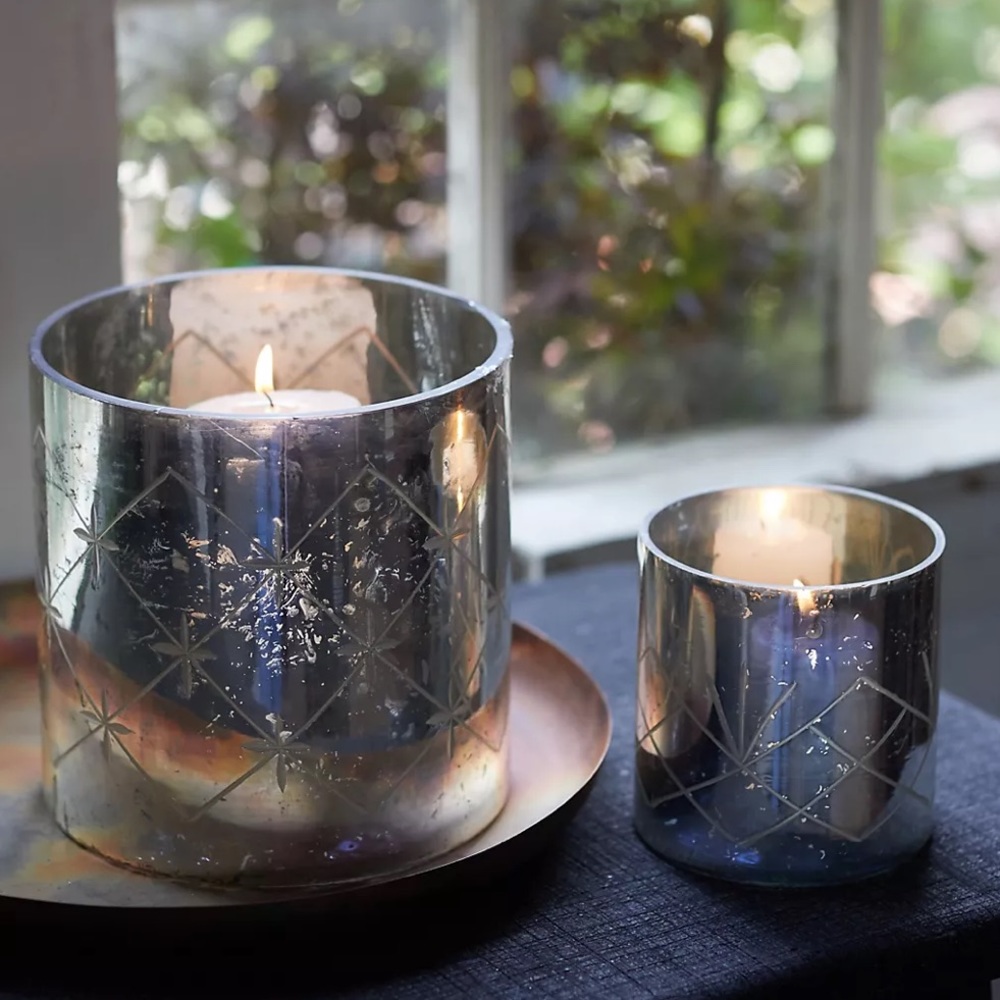 Anthropologie Diamond Etched Mercury Glass Hurricanes, Set of 2, NEW!